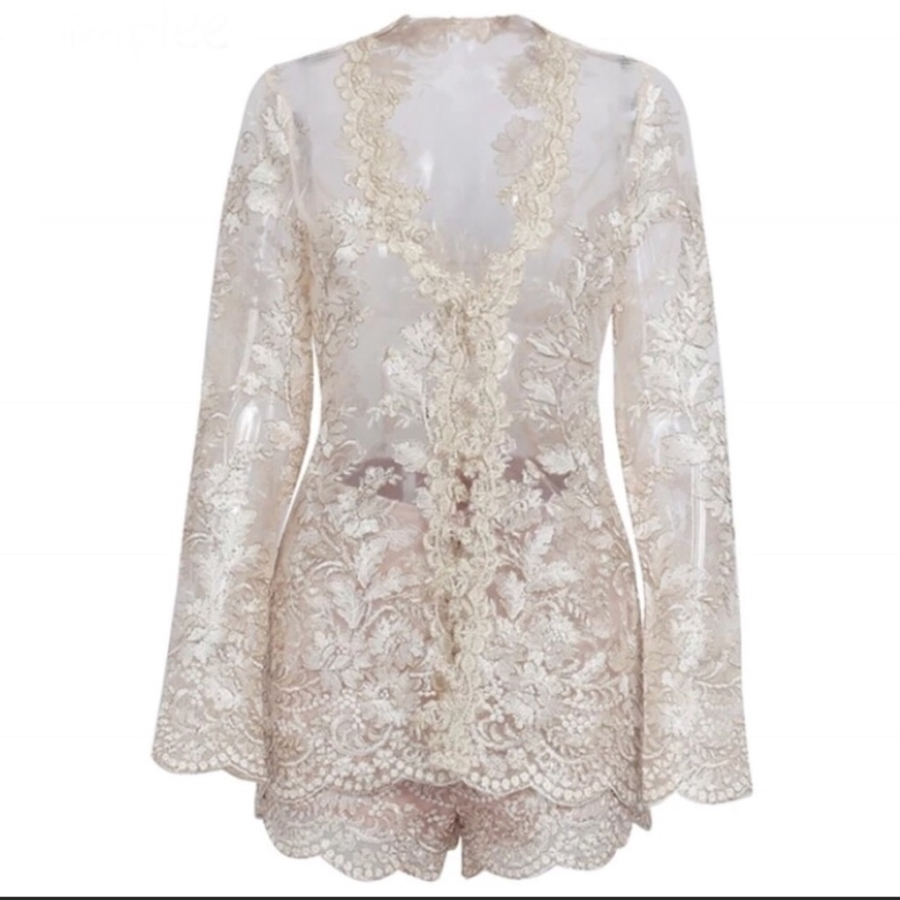 Gold Lace Embroidered Scallop Crochet 2 Piece Set - Picture 5 of 8